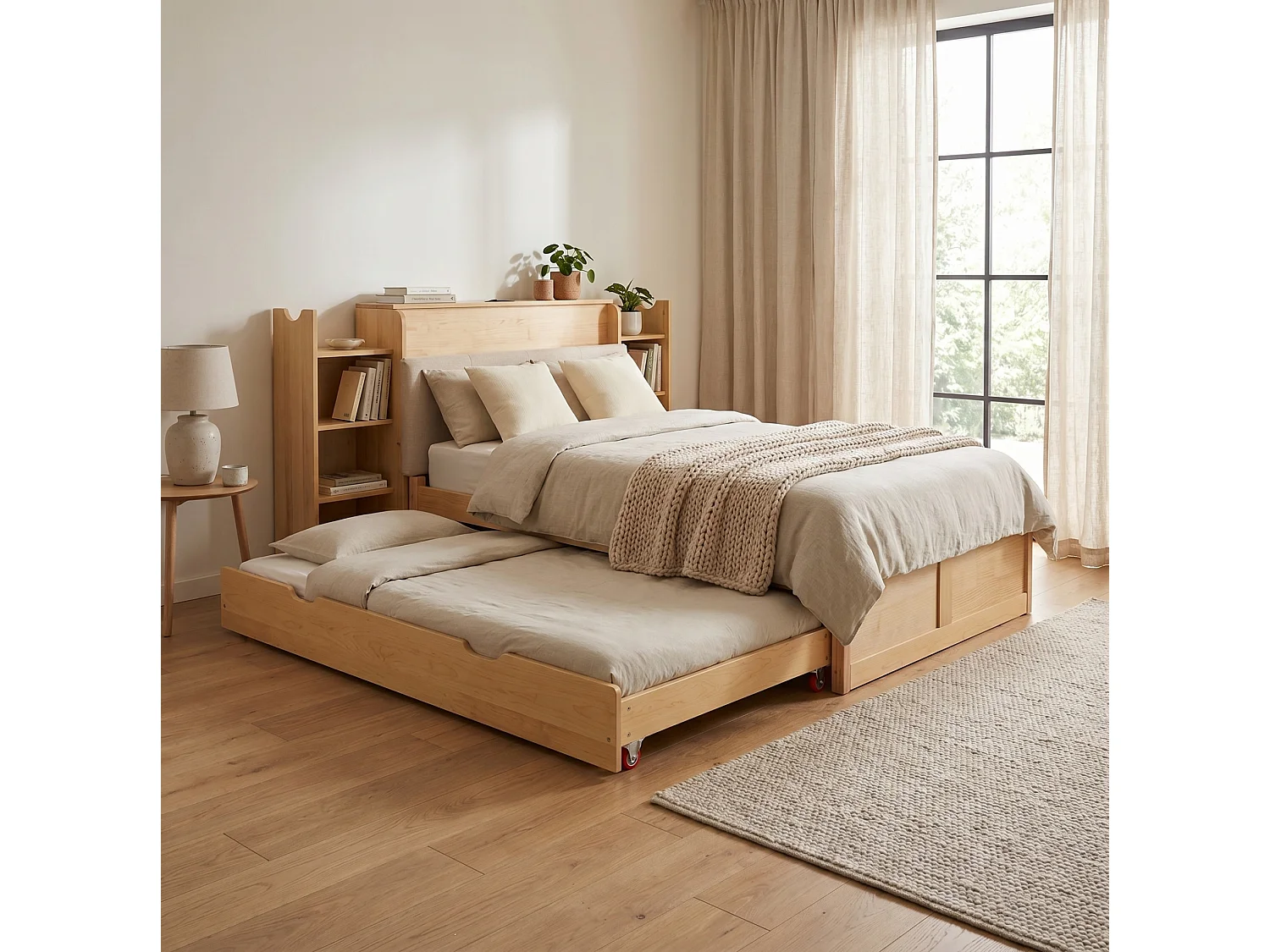 Letto estraibile 90x200 cm con vano contenitore e ripiani, in legno, finitura naturale, materasso non incluso