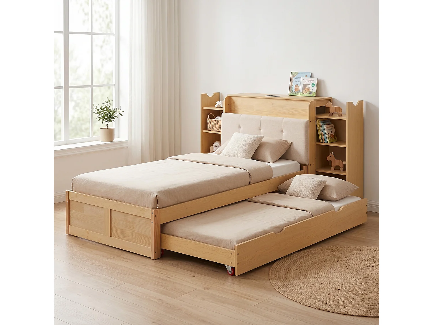 Letto estraibile 90x200 cm con vano contenitore e ripiani, in legno, finitura naturale, materasso non incluso