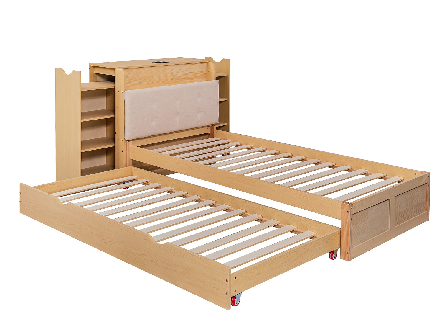 Letto estraibile 90x200 cm con vano contenitore e ripiani, in legno, finitura naturale, materasso non incluso