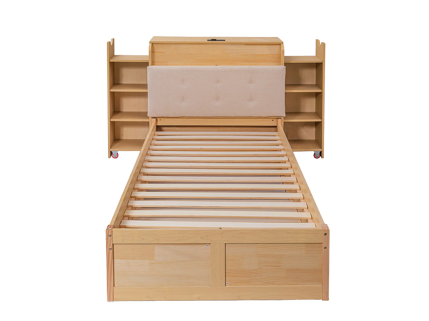Letto estraibile 90x200 cm con vano contenitore e ripiani, in legno, finitura naturale, materasso non incluso