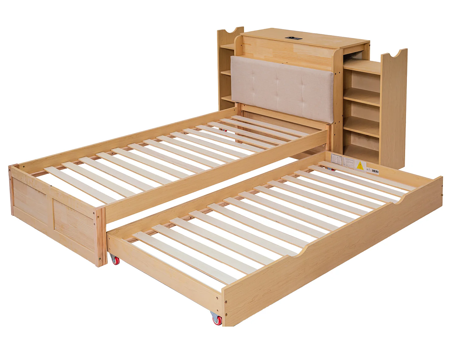 Letto estraibile 90x200 cm con vano contenitore e ripiani, in legno, finitura naturale, materasso non incluso