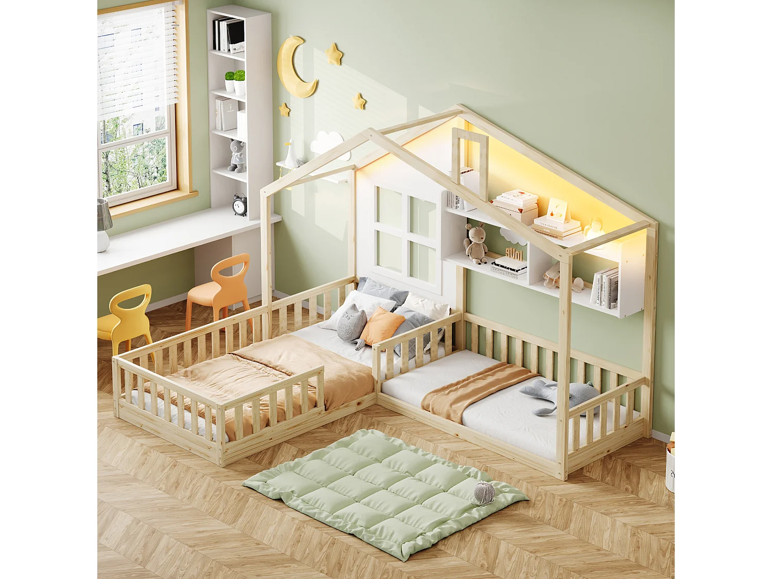 Lit cabane pour enfant 90x200 cm avec LED, étagères et garde-corps de sécurité, en bois, naturel, sans matelas