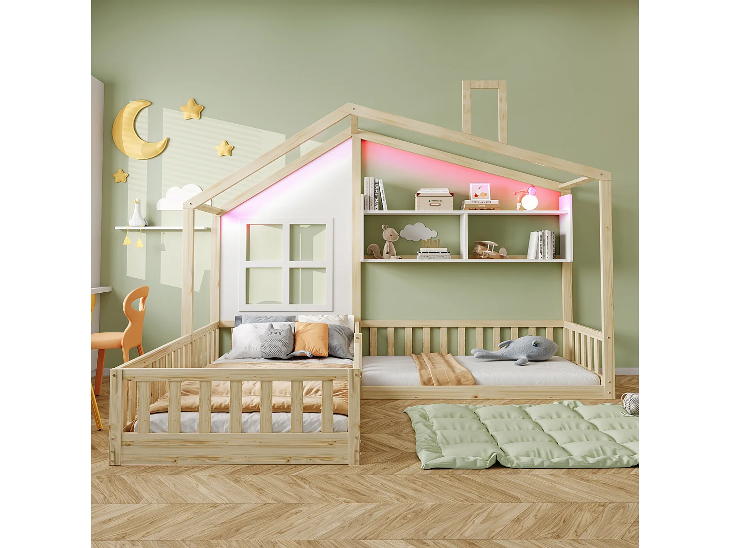 Lit cabane pour enfant 90x200 cm avec LED, étagères et garde-corps de sécurité, en bois, naturel, sans matelas