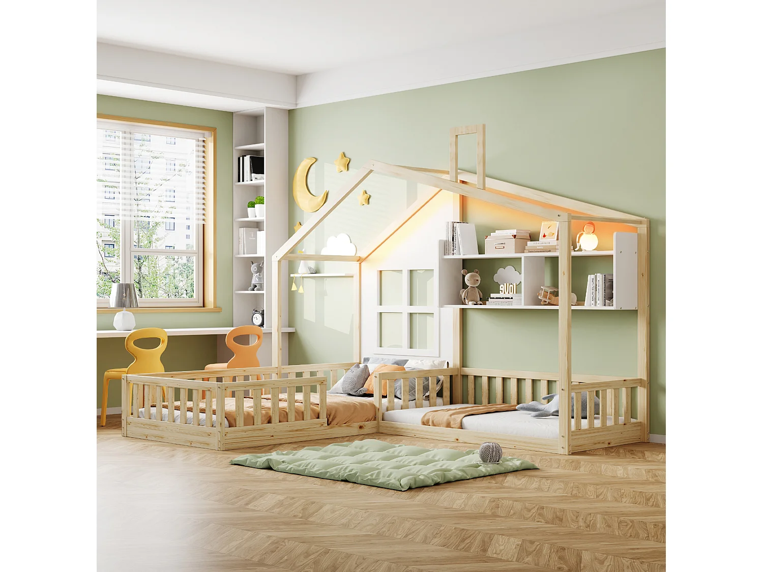 Lit cabane pour enfant 90x200 cm avec LED, étagères et garde-corps de sécurité, en bois, naturel, sans matelas