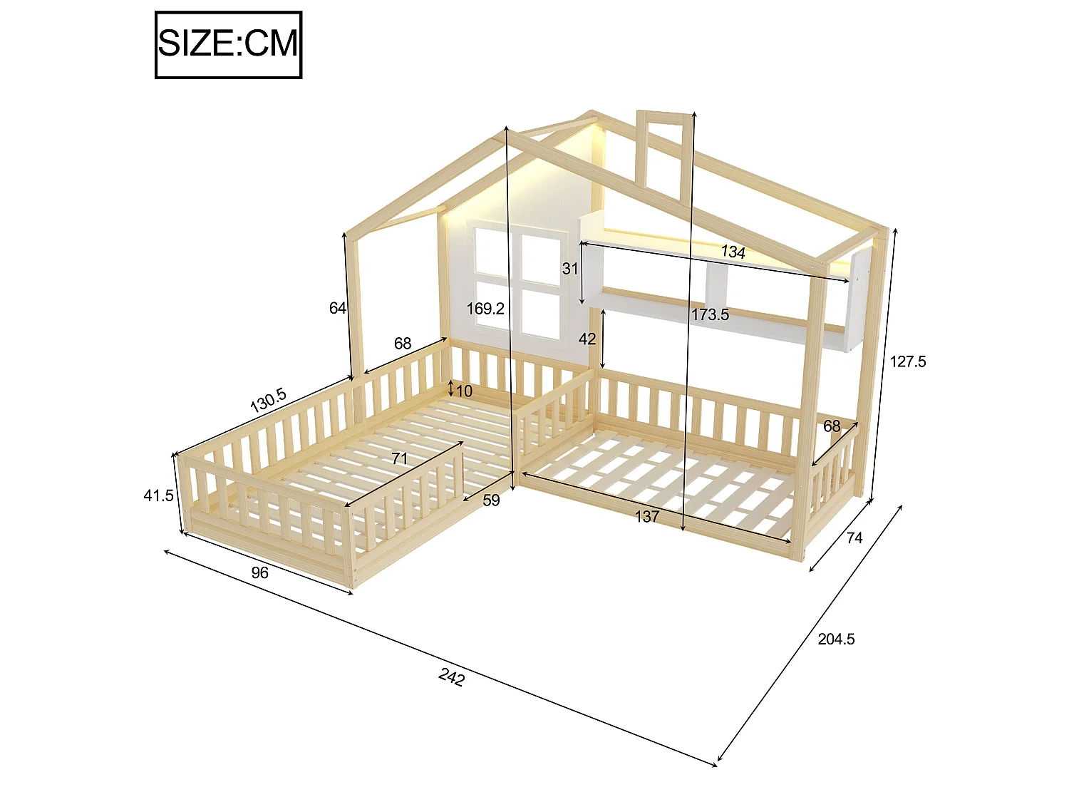 Lit cabane pour enfant 90x200 cm avec LED, étagères et garde-corps de sécurité, en bois, naturel, sans matelas