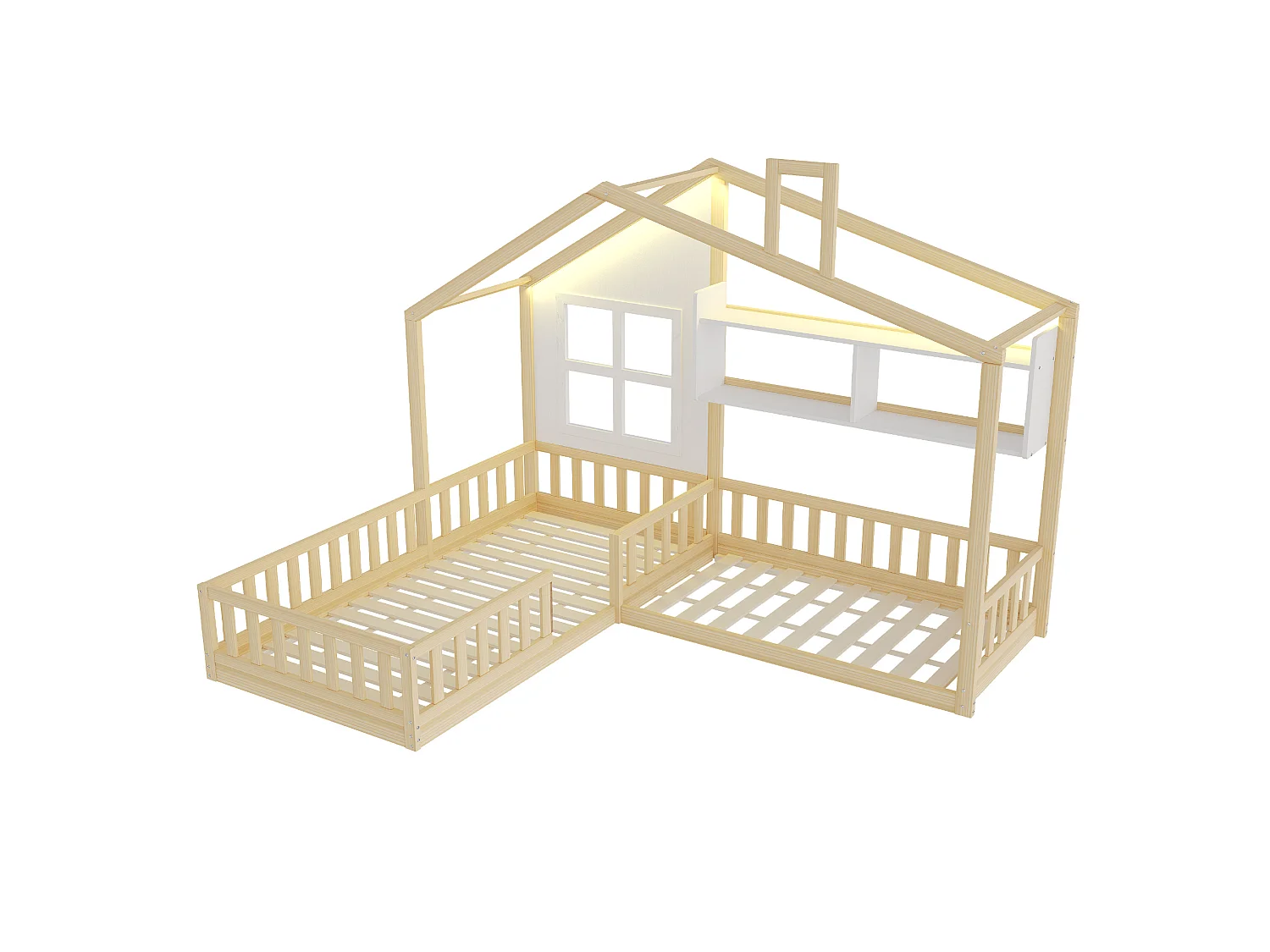 Lit cabane pour enfant 90x200 cm avec LED, étagères et garde-corps de sécurité, en bois, naturel, sans matelas