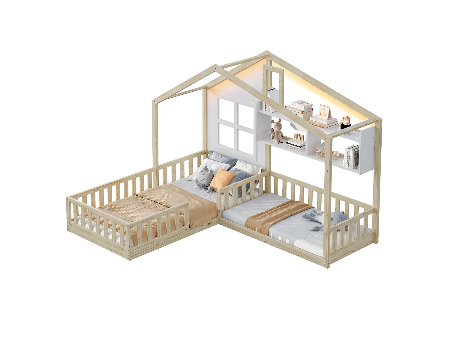 Lit cabane pour enfant 90x200 cm avec LED, étagères et garde-corps de sécurité, en bois, naturel, sans matelas