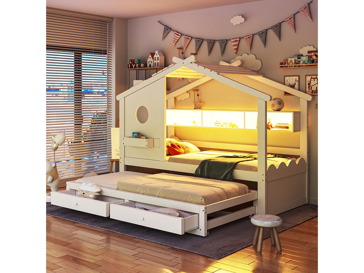 Lit enfant 90x200 cm avec lit gigogne 90x190 cm, 2 tiroirs et LED, en bois, blanc, sans matelas