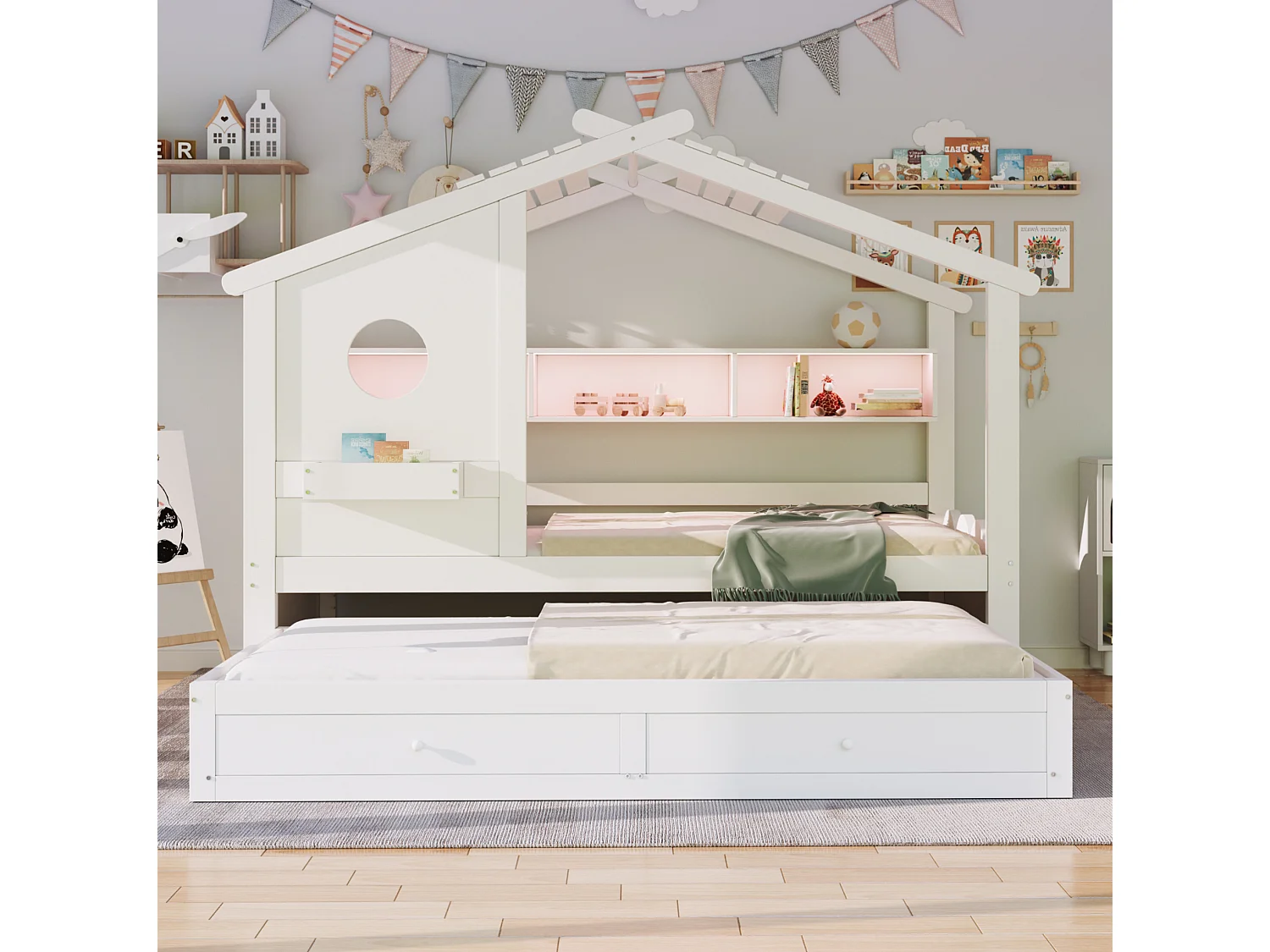 Lit enfant 90x200 cm avec lit gigogne 90x190 cm, 2 tiroirs et LED, en bois, blanc, sans matelas