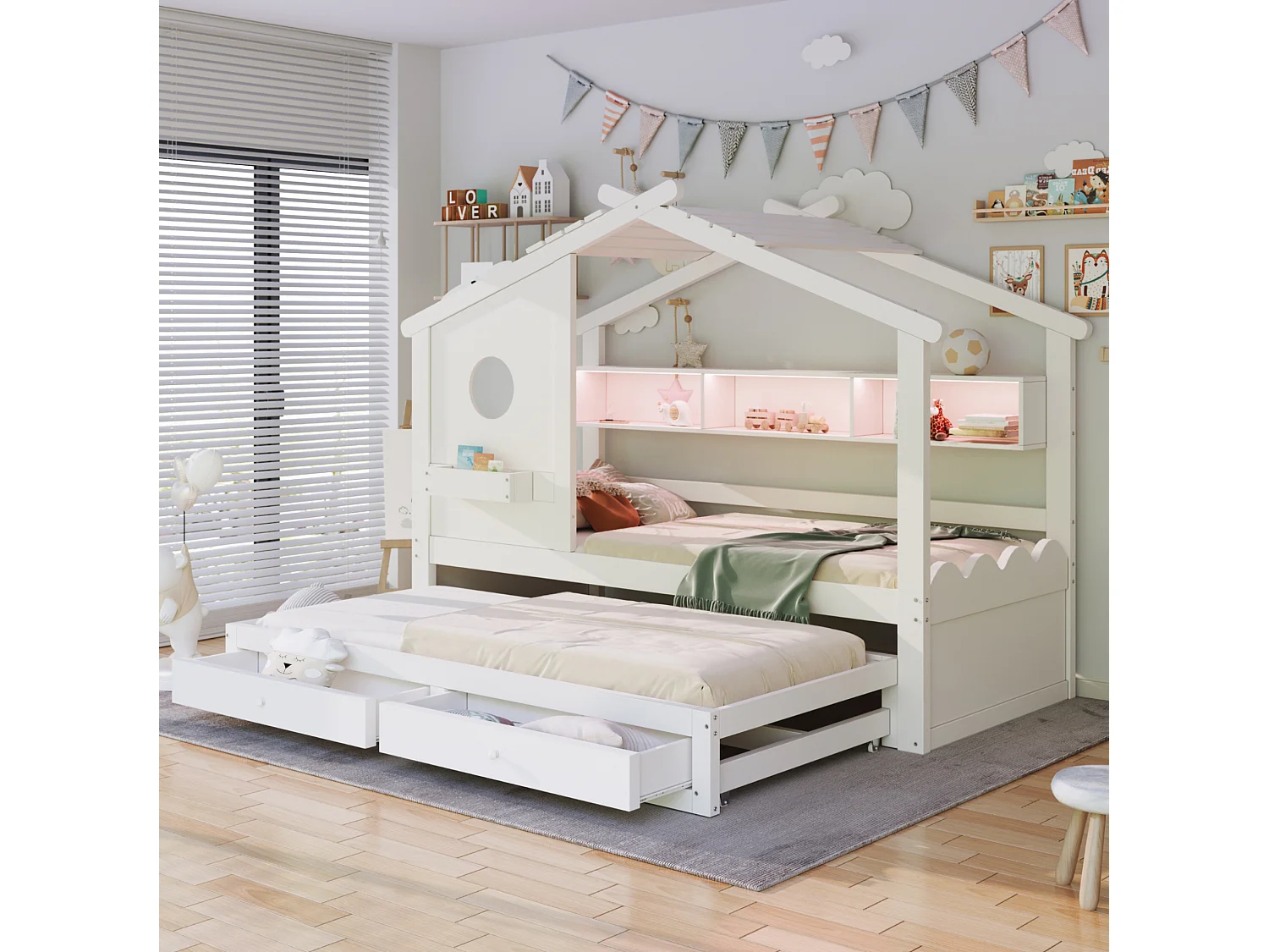 Lit enfant 90x200 cm avec lit gigogne 90x190 cm, 2 tiroirs et LED, en bois, blanc, sans matelas