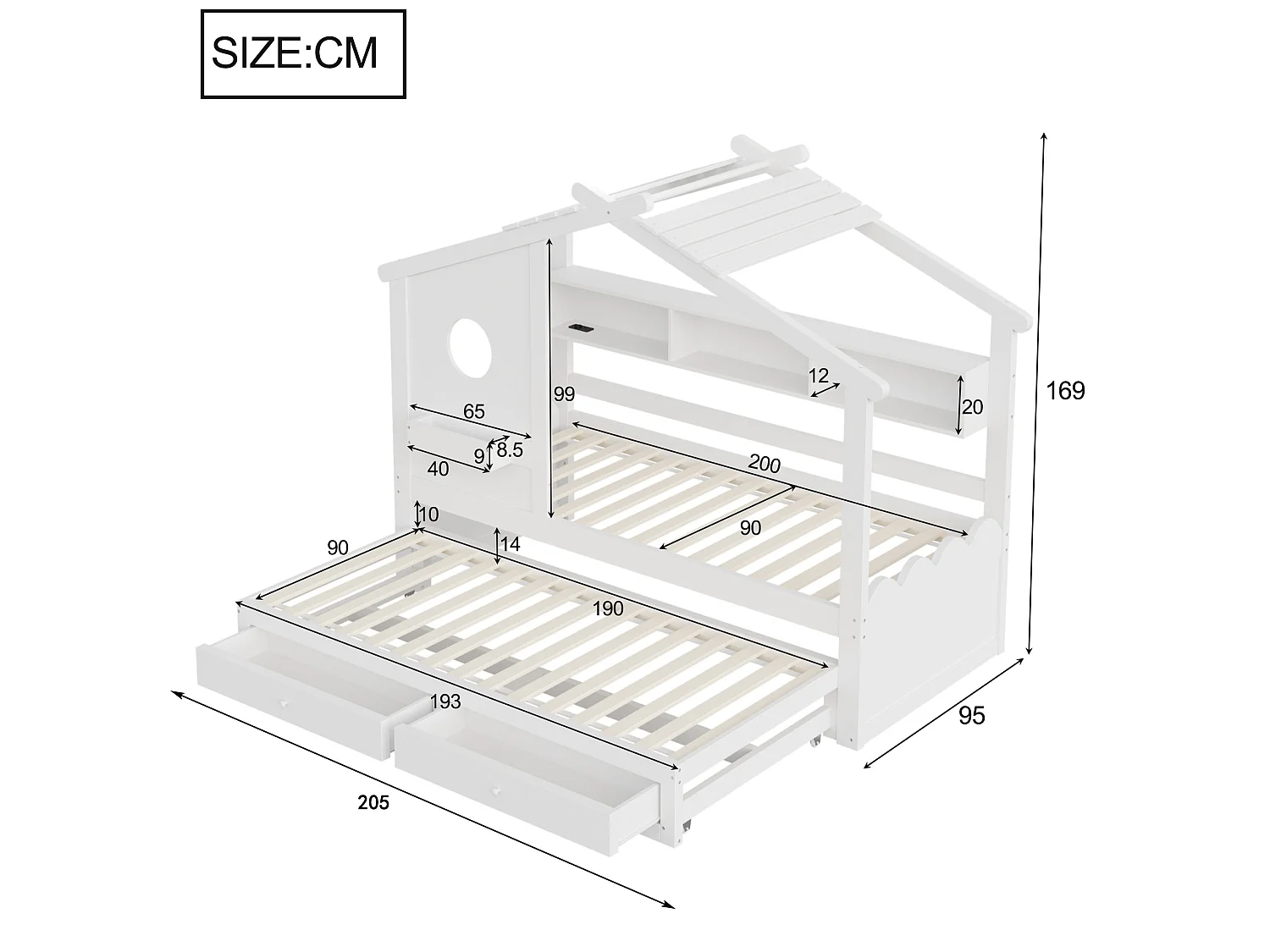 Lit enfant 90x200 cm avec lit gigogne 90x190 cm, 2 tiroirs et LED, en bois, blanc, sans matelas