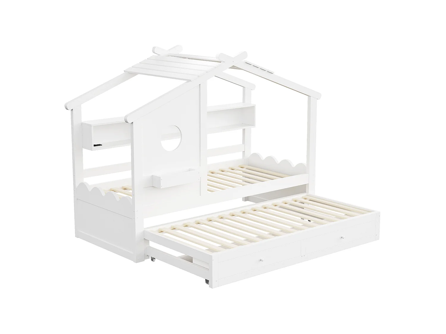 Lit enfant 90x200 cm avec lit gigogne 90x190 cm, 2 tiroirs et LED, en bois, blanc, sans matelas