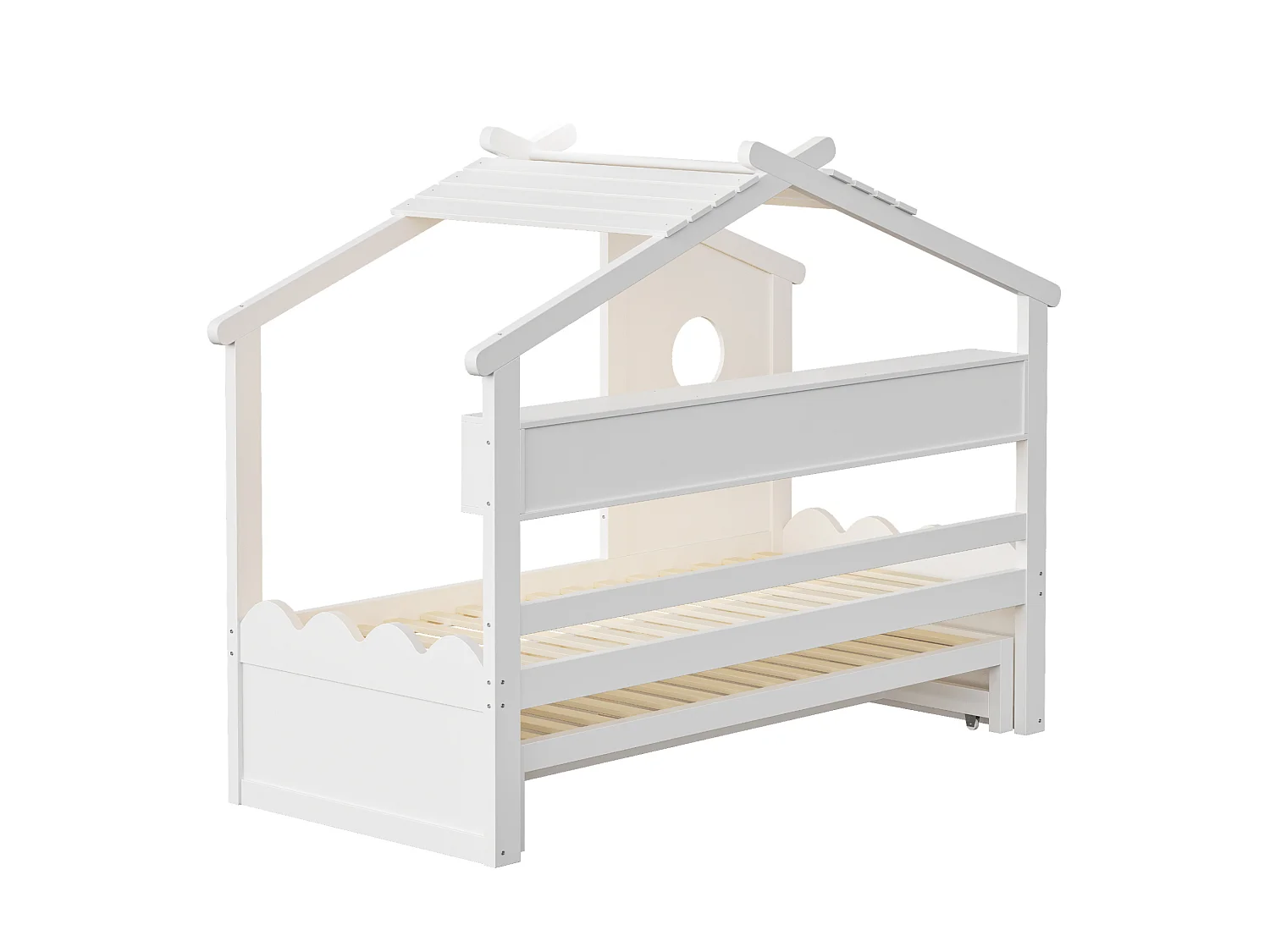 Lit enfant 90x200 cm avec lit gigogne 90x190 cm, 2 tiroirs et LED, en bois, blanc, sans matelas