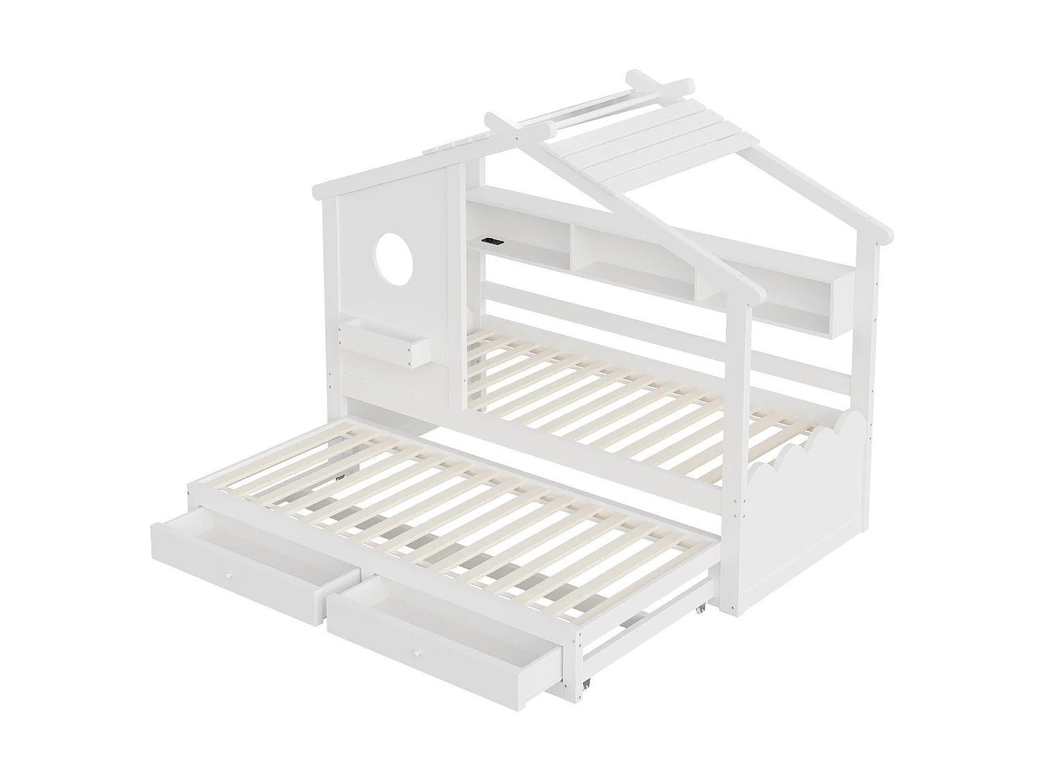 Lit enfant 90x200 cm avec lit gigogne 90x190 cm, 2 tiroirs et LED, en bois, blanc, sans matelas
