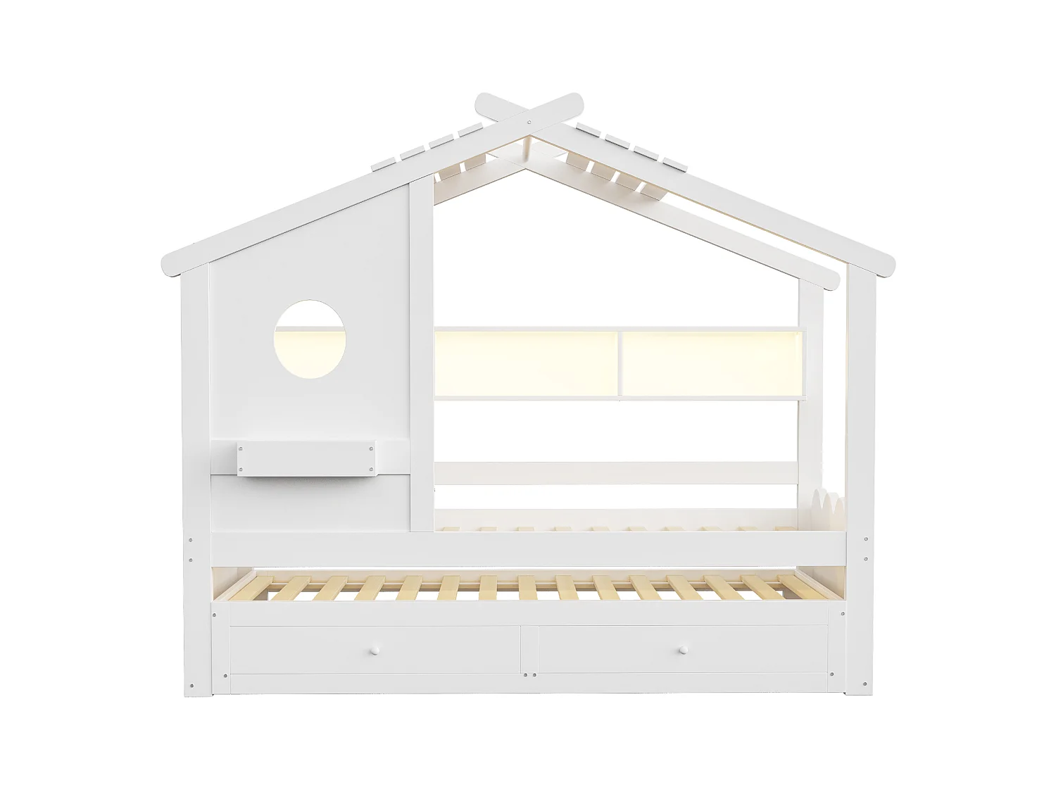 Lit enfant 90x200 cm avec lit gigogne 90x190 cm, 2 tiroirs et LED, en bois, blanc, sans matelas
