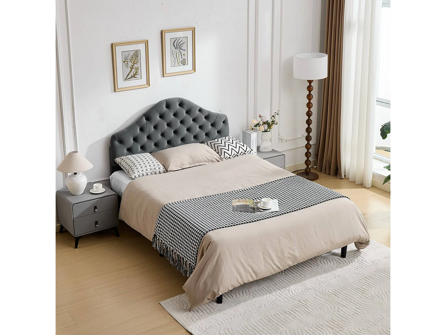 Lit adulte 140x200 cm avec tête de lit réglable, sommier à lattes en bois, en velours, gris, sans matelas