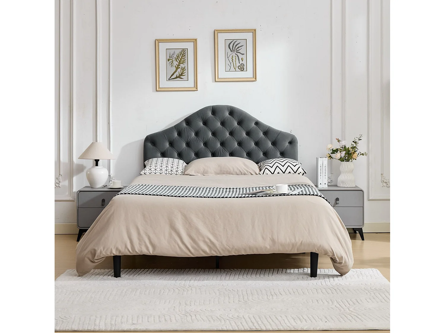 Lit adulte 140x200 cm avec tête de lit réglable, sommier à lattes en bois, en velours, gris, sans matelas