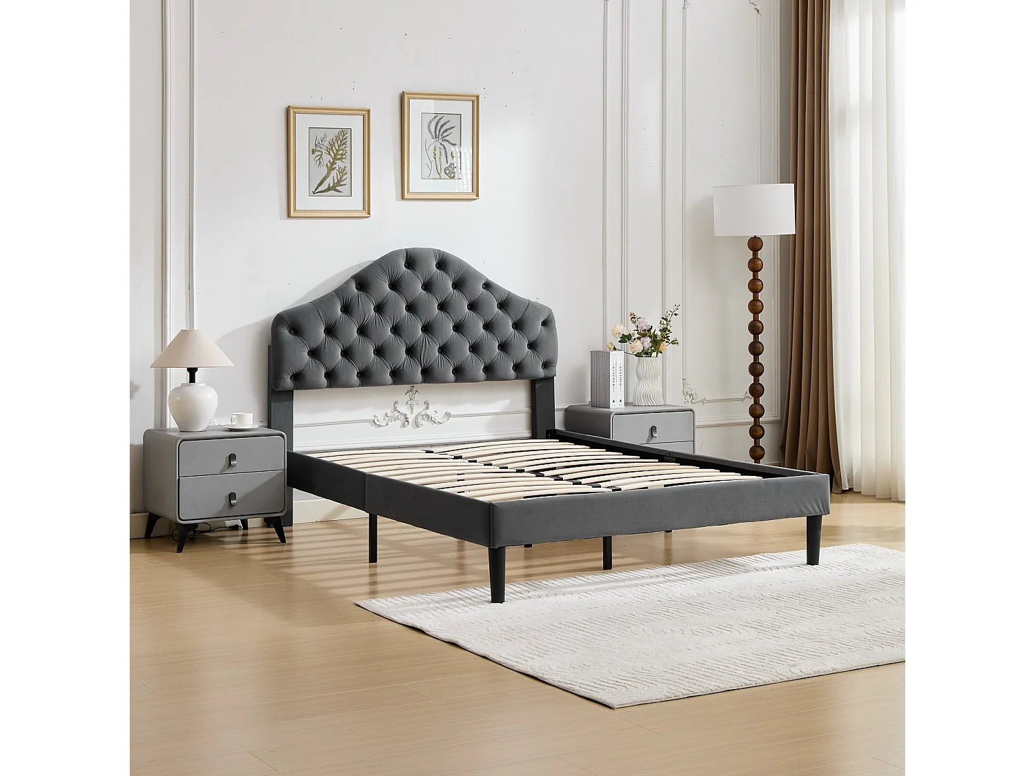 Lit adulte 140x200 cm avec tête de lit réglable, sommier à lattes en bois, en velours, gris, sans matelas