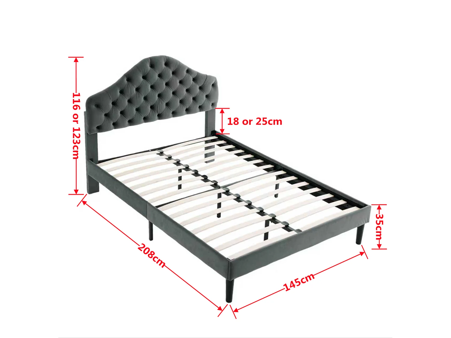 Lit adulte 140x200 cm avec tête de lit réglable, sommier à lattes en bois, en velours, gris, sans matelas