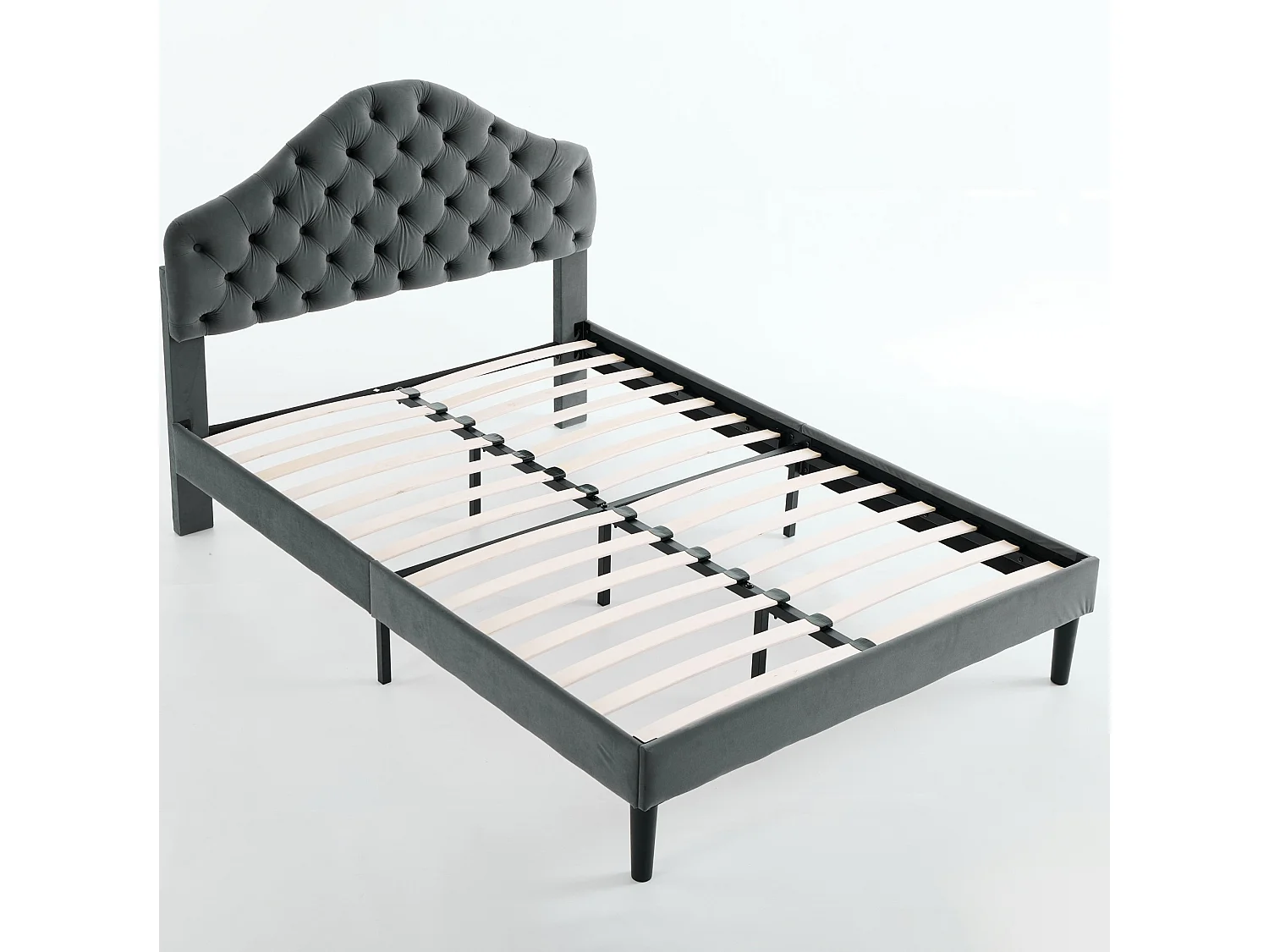 Lit adulte 140x200 cm avec tête de lit réglable, sommier à lattes en bois, en velours, gris, sans matelas