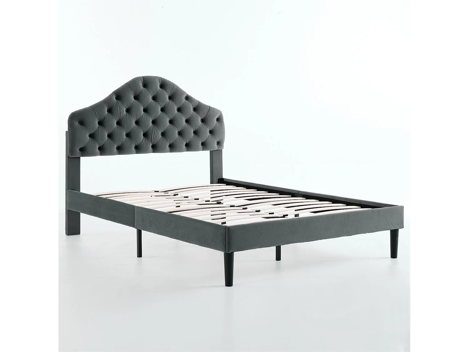 Lit adulte 140x200 cm avec tête de lit réglable, sommier à lattes en bois, en velours, gris, sans matelas