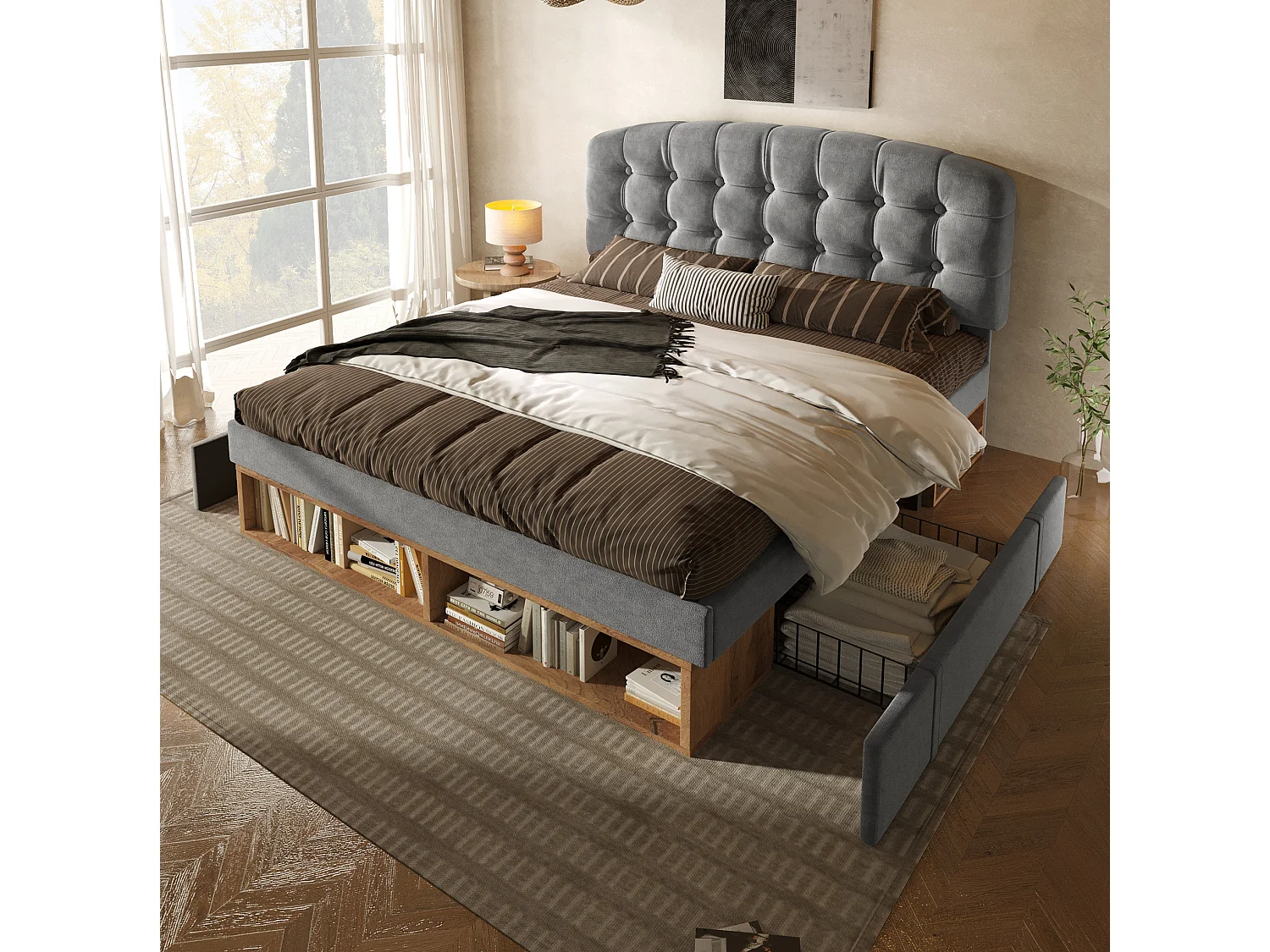 Lit enfant 90x200 cm avec tiroirs et rangements, tête de lit réglable, en velours, gris, sans matelas