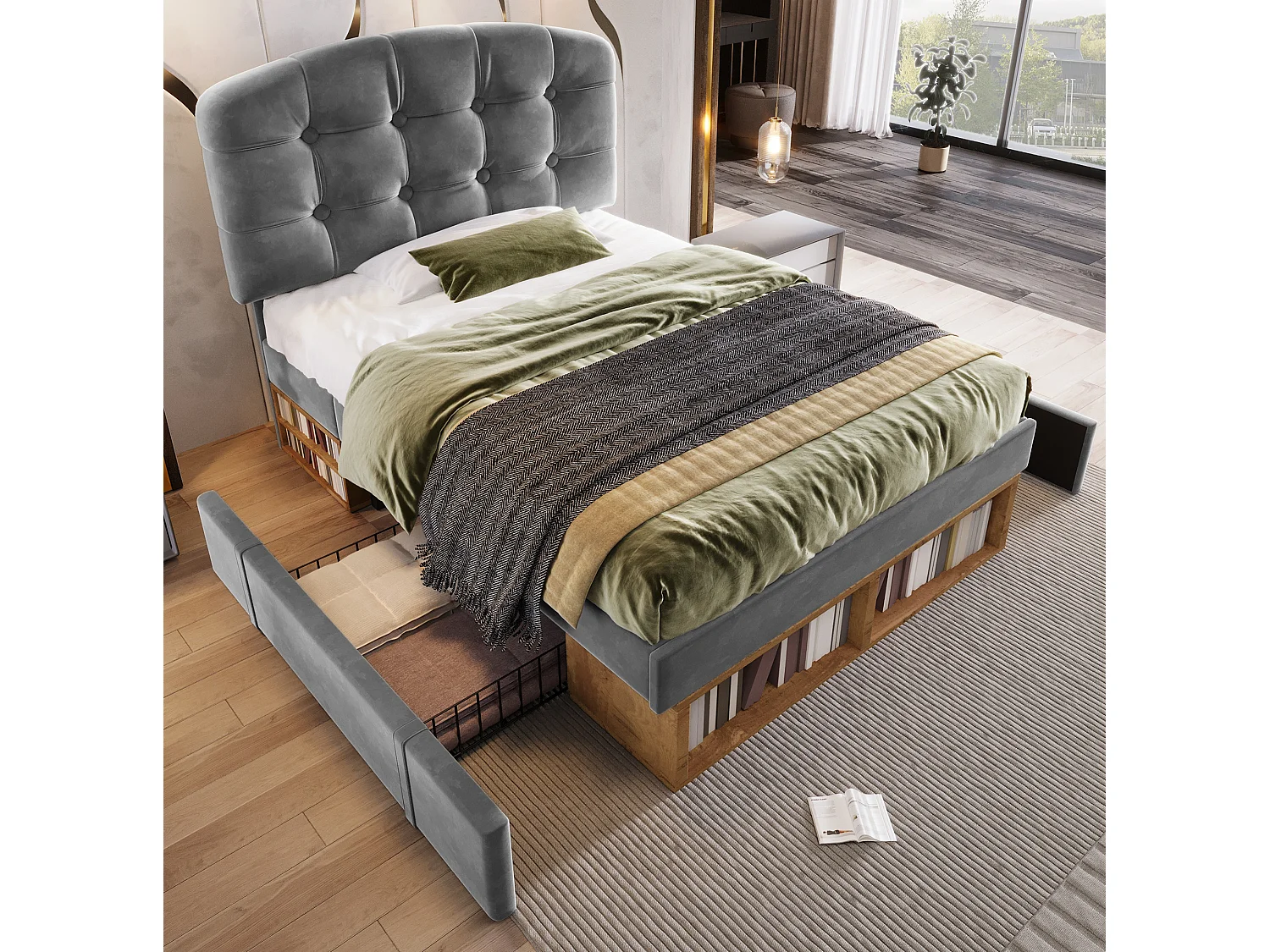 Lit enfant 90x200 cm avec tiroirs et rangements, tête de lit réglable, en velours, gris, sans matelas