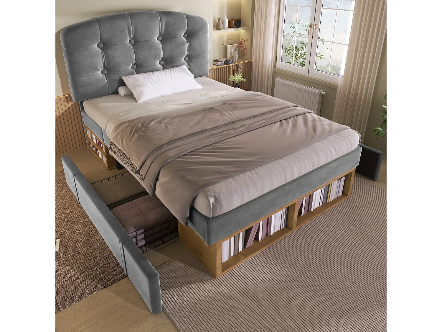 Lit enfant 90x200 cm avec tiroirs et rangements, tête de lit réglable, en velours, gris, sans matelas
