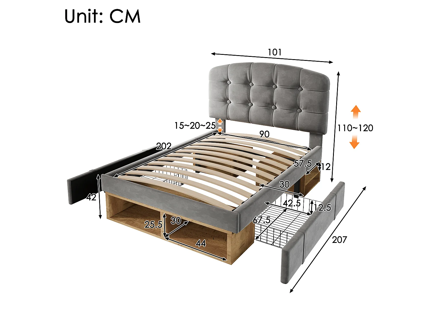 Lit enfant 90x200 cm avec tiroirs et rangements, tête de lit réglable, en velours, gris, sans matelas
