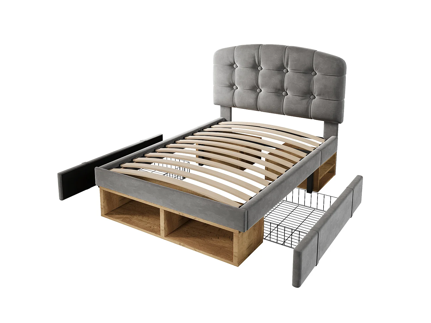 Lit enfant 90x200 cm avec tiroirs et rangements, tête de lit réglable, en velours, gris, sans matelas