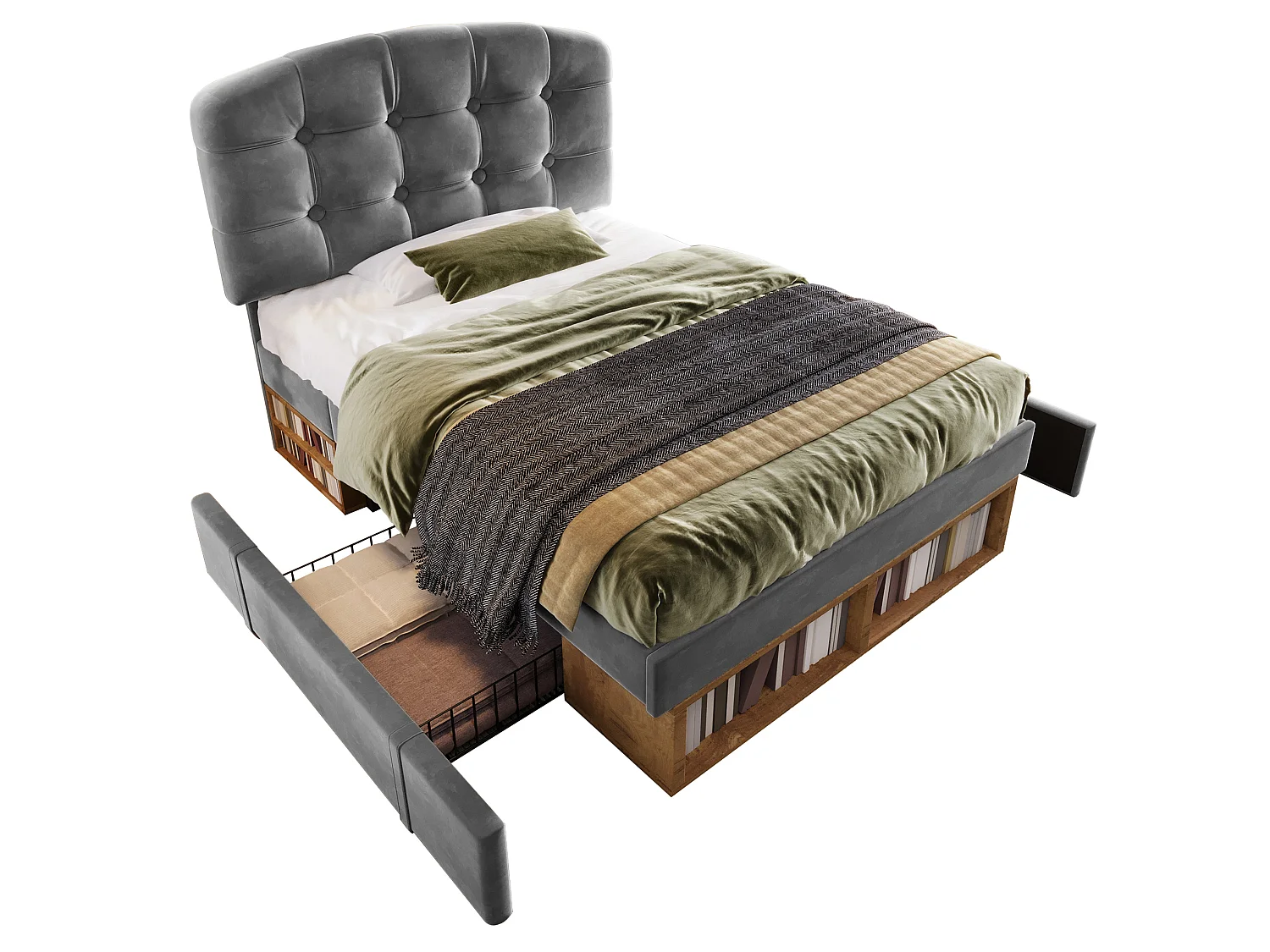 Lit enfant 90x200 cm avec tiroirs et rangements, tête de lit réglable, en velours, gris, sans matelas