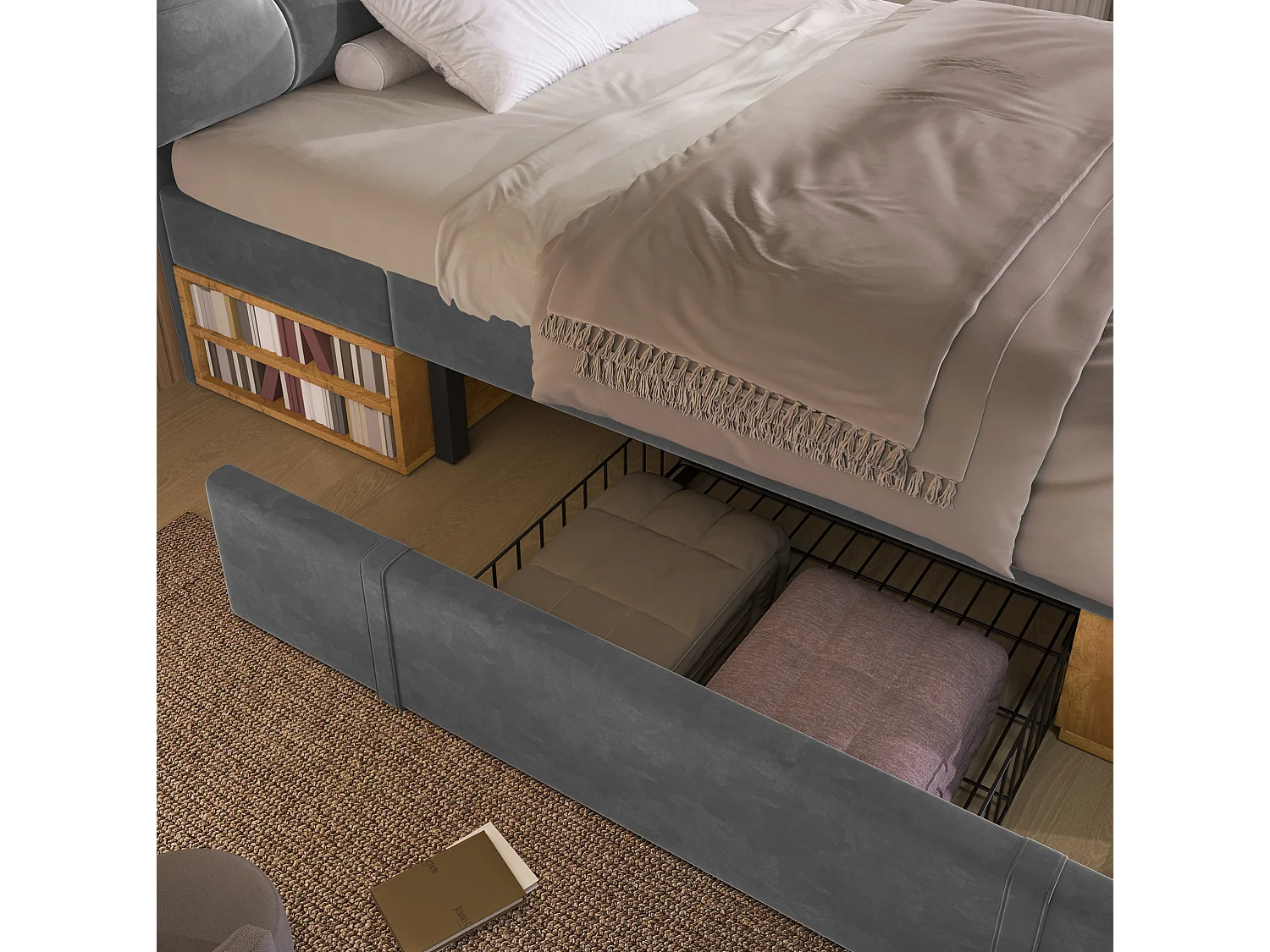 Lit enfant 90x200 cm avec tiroirs et rangements, tête de lit réglable, en velours, gris, sans matelas