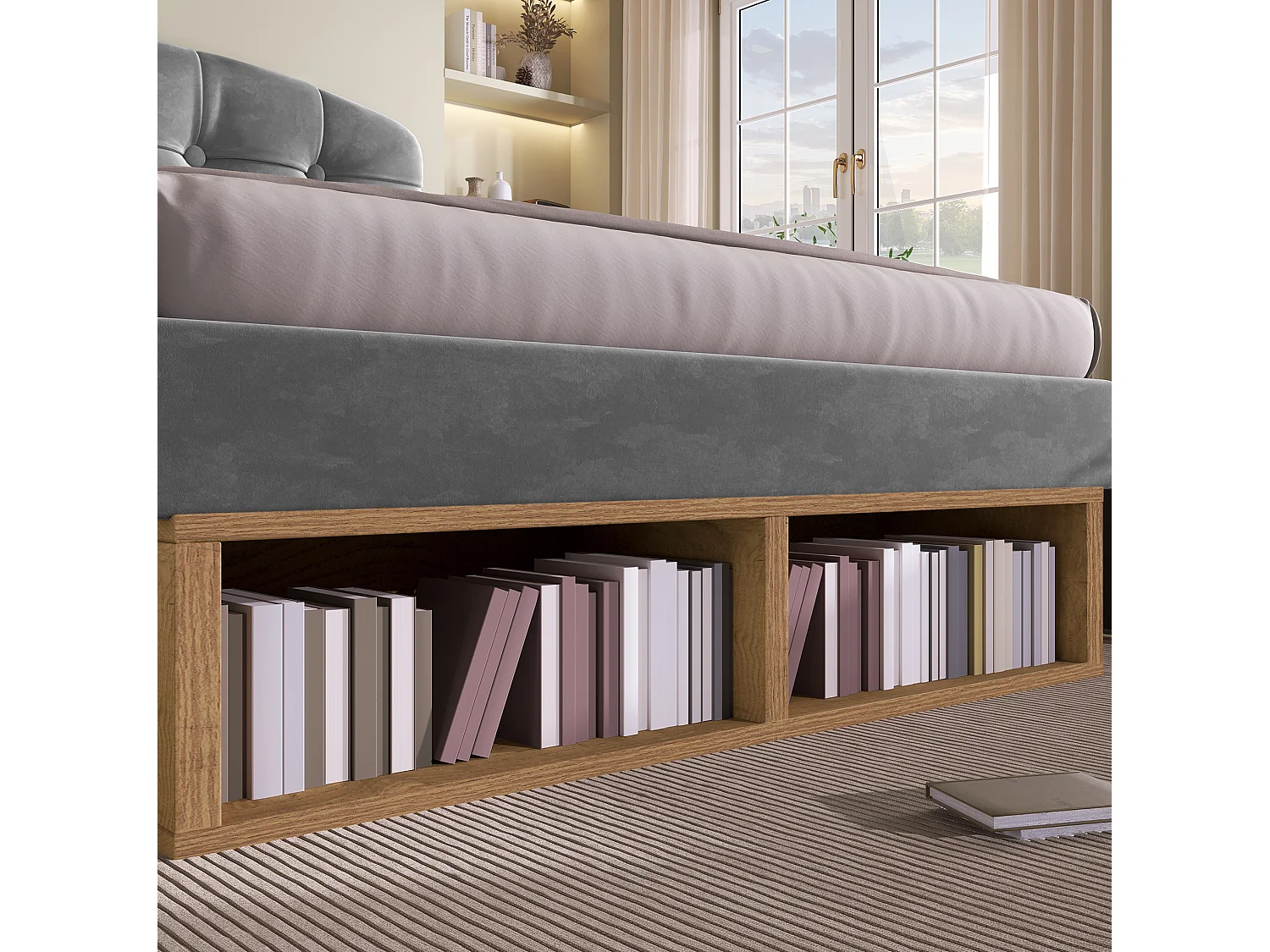 Lit enfant 90x200 cm avec tiroirs et rangements, tête de lit réglable, en velours, gris, sans matelas