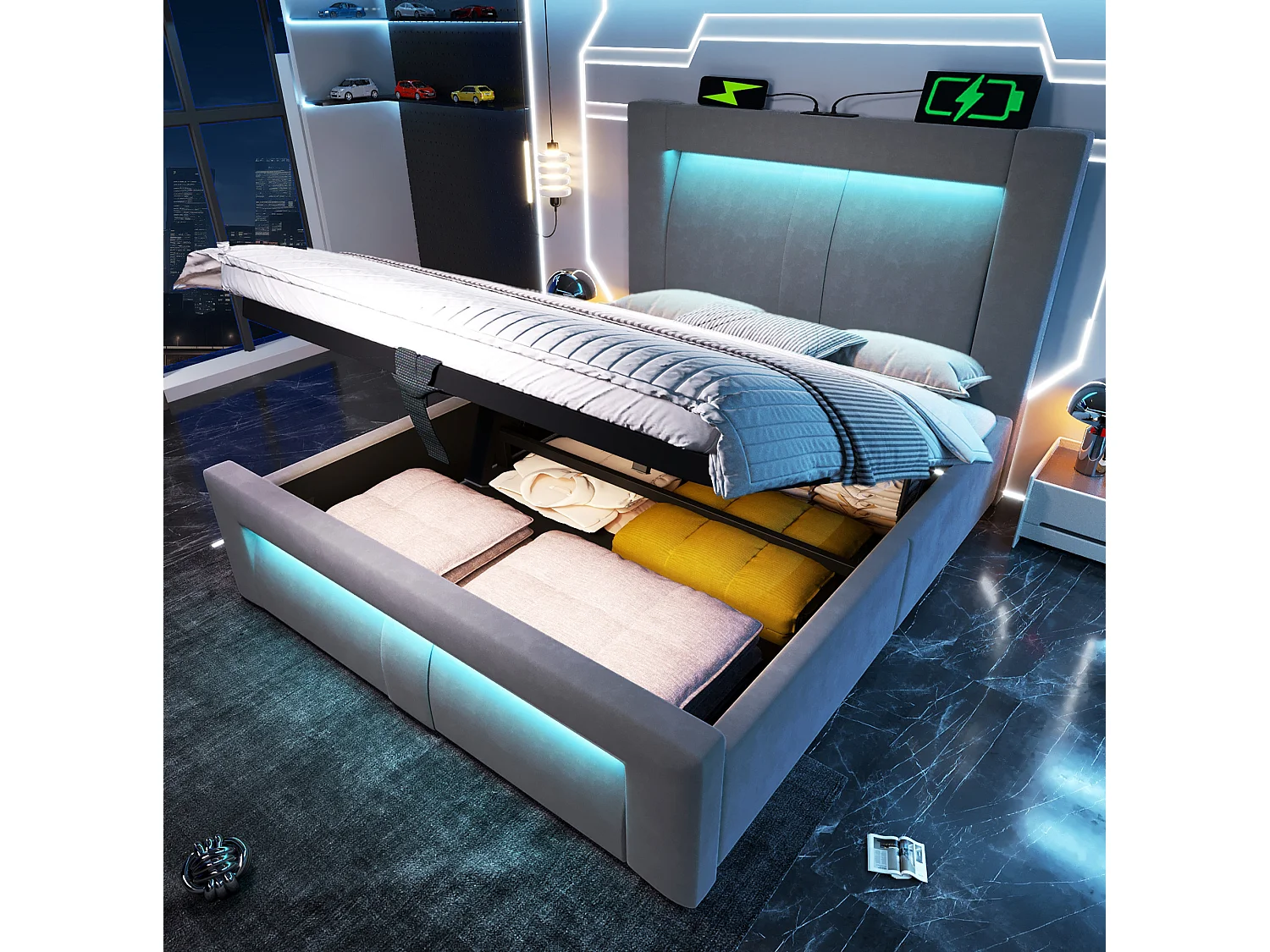Letto contenitore in velluto 90x200 cm con illuminazione LED, vano contenitore e porte USB e Type-C , Grigio, materasso non incluso