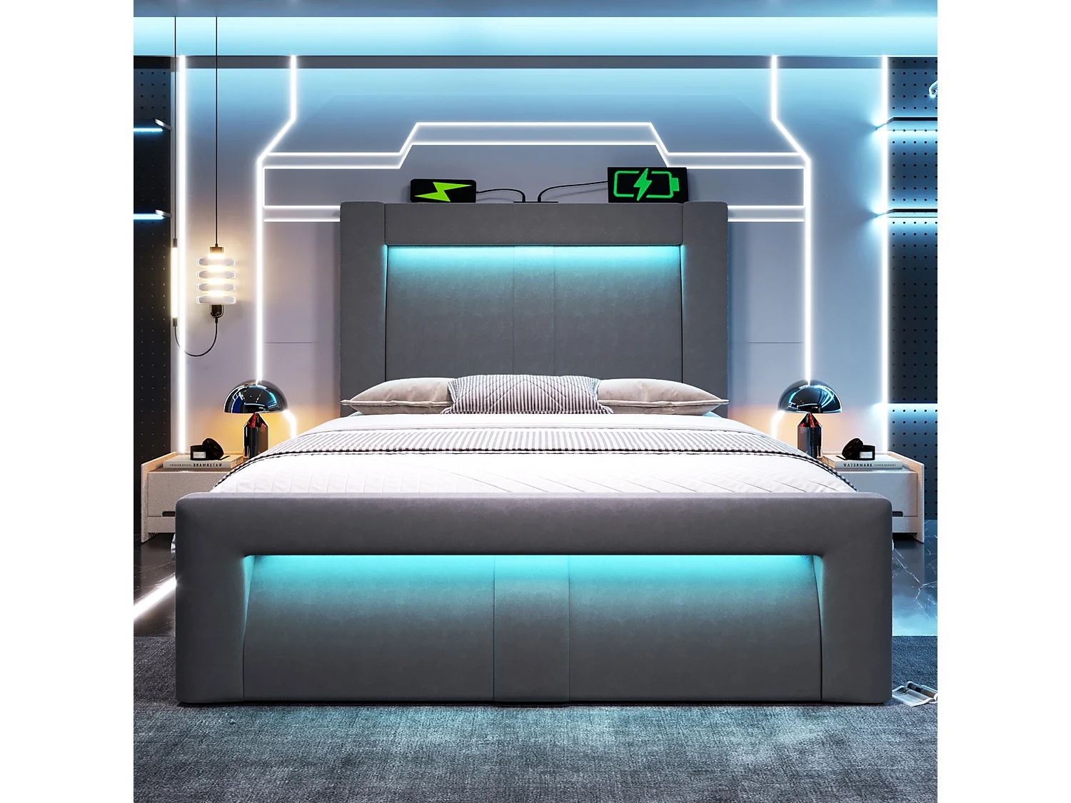 Letto contenitore in velluto 90x200 cm con illuminazione LED, vano contenitore e porte USB e Type-C , Grigio, materasso non incluso
