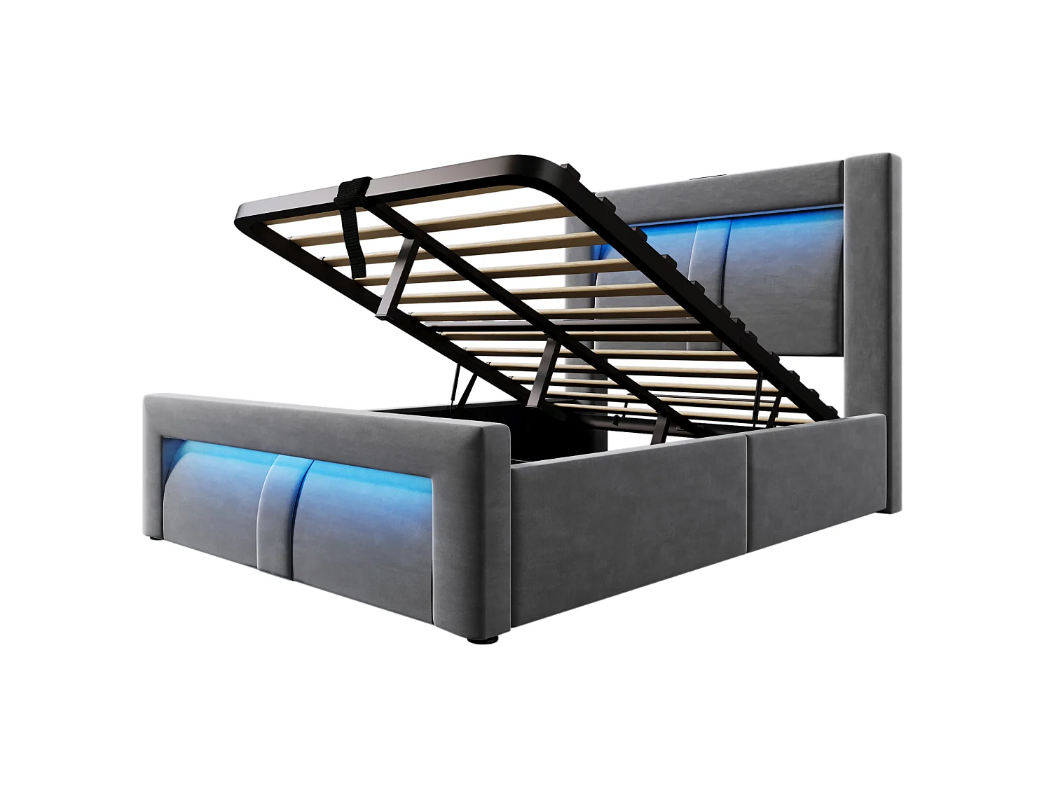 Letto contenitore in velluto 90x200 cm con illuminazione LED, vano contenitore e porte USB e Type-C , Grigio, materasso non incluso