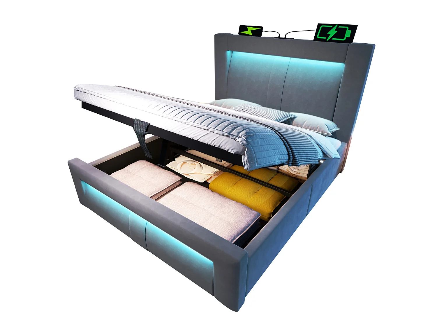 Letto contenitore in velluto 90x200 cm con illuminazione LED, vano contenitore e porte USB e Type-C , Grigio, materasso non incluso
