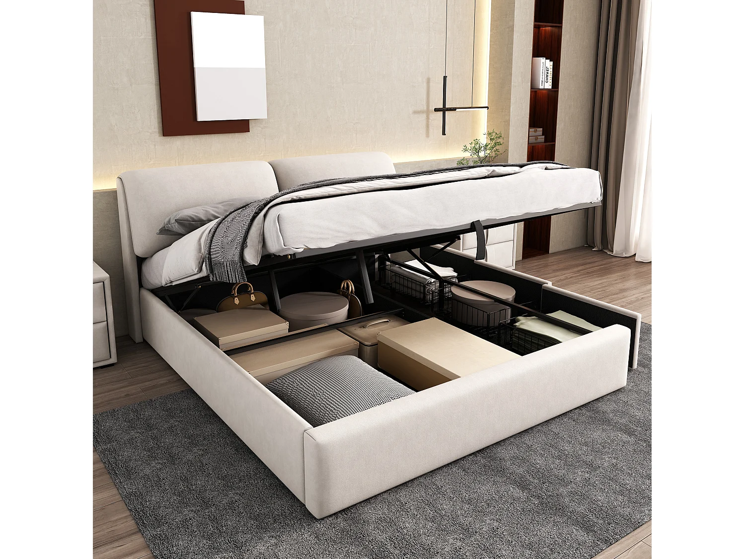 Letto contenitore 180x200 cm con 3 cassetti, vano contenitore e testiera regolabile, in velluto beige, materasso non incluso