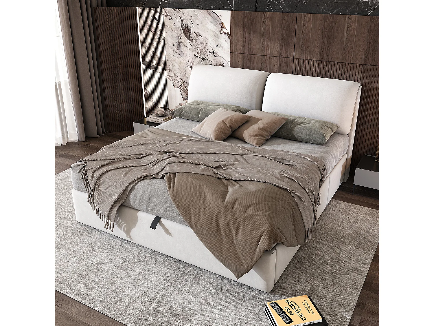 Letto contenitore 180x200 cm con 3 cassetti, vano contenitore e testiera regolabile, in velluto beige, materasso non incluso