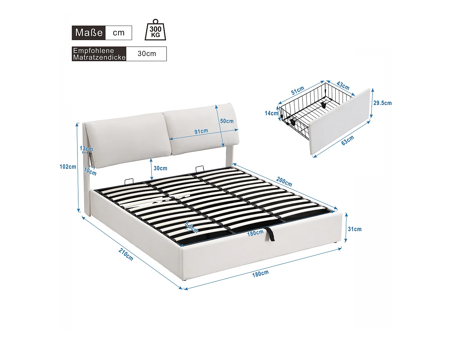 Letto contenitore 180x200 cm con 3 cassetti, vano contenitore e testiera regolabile, in velluto beige, materasso non incluso