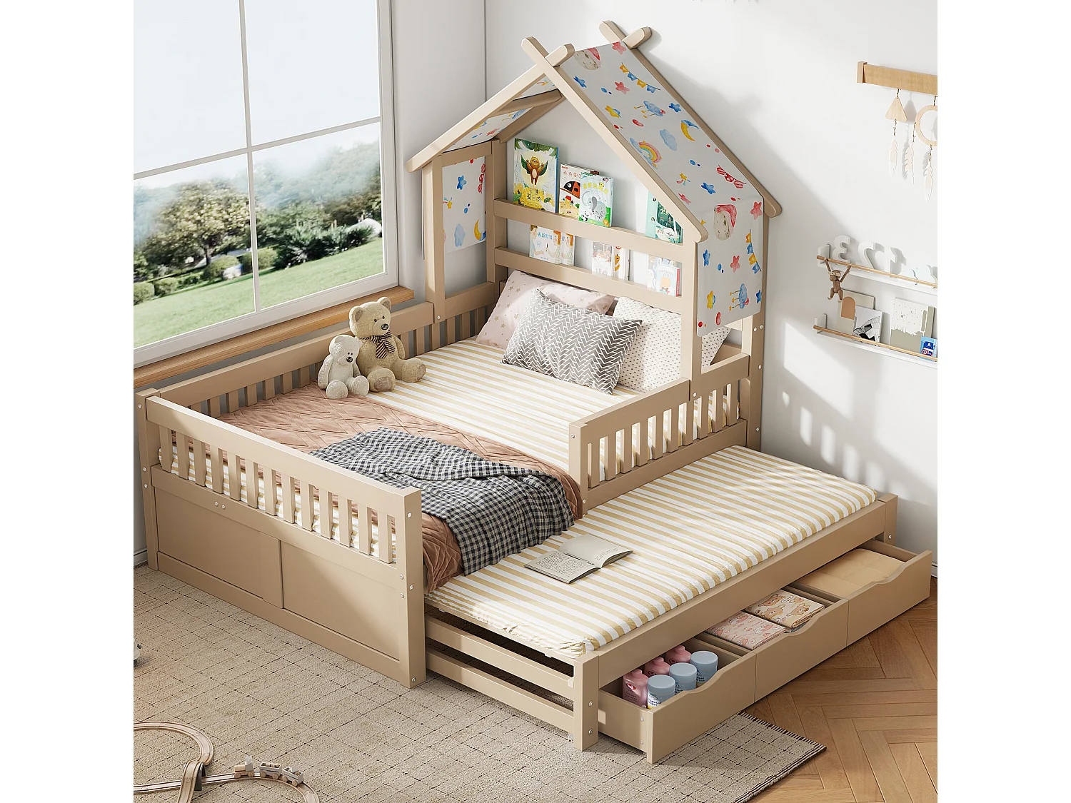Lit cabane enfant 140x200 cm avec lit gigogne et 3 tiroirs, en bois, naturel clair, sans matelas