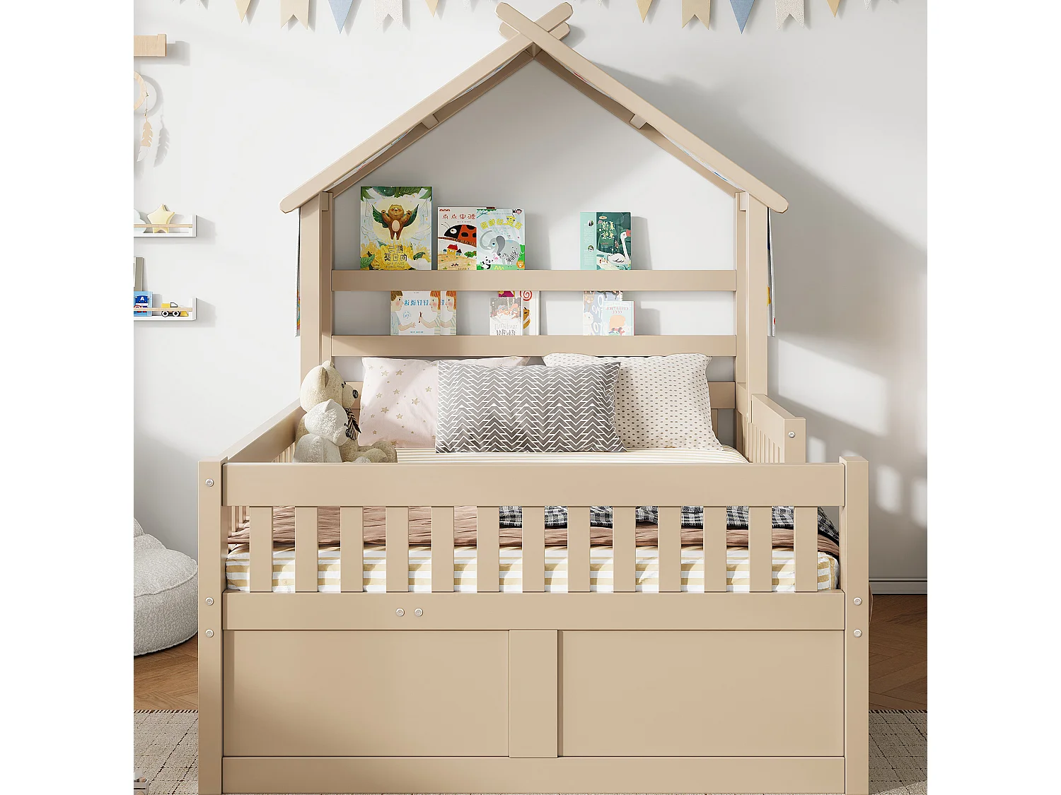 Lit cabane enfant 140x200 cm avec lit gigogne et 3 tiroirs, en bois, naturel clair, sans matelas