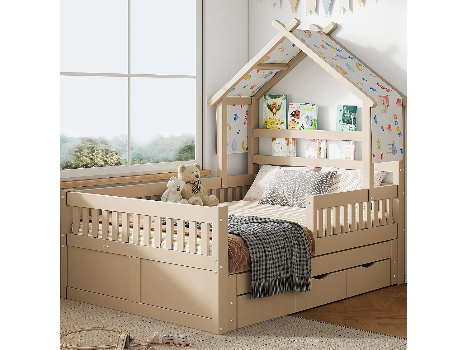Lit cabane enfant 140x200 cm avec lit gigogne et 3 tiroirs, en bois, naturel clair, sans matelas