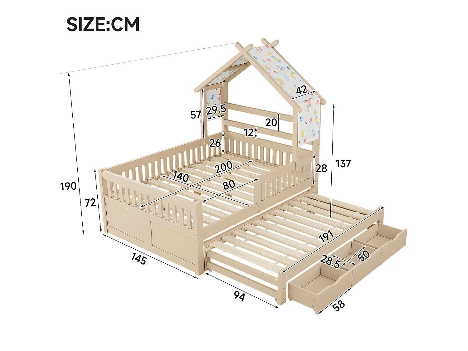 Lit cabane enfant 140x200 cm avec lit gigogne et 3 tiroirs, en bois, naturel clair, sans matelas