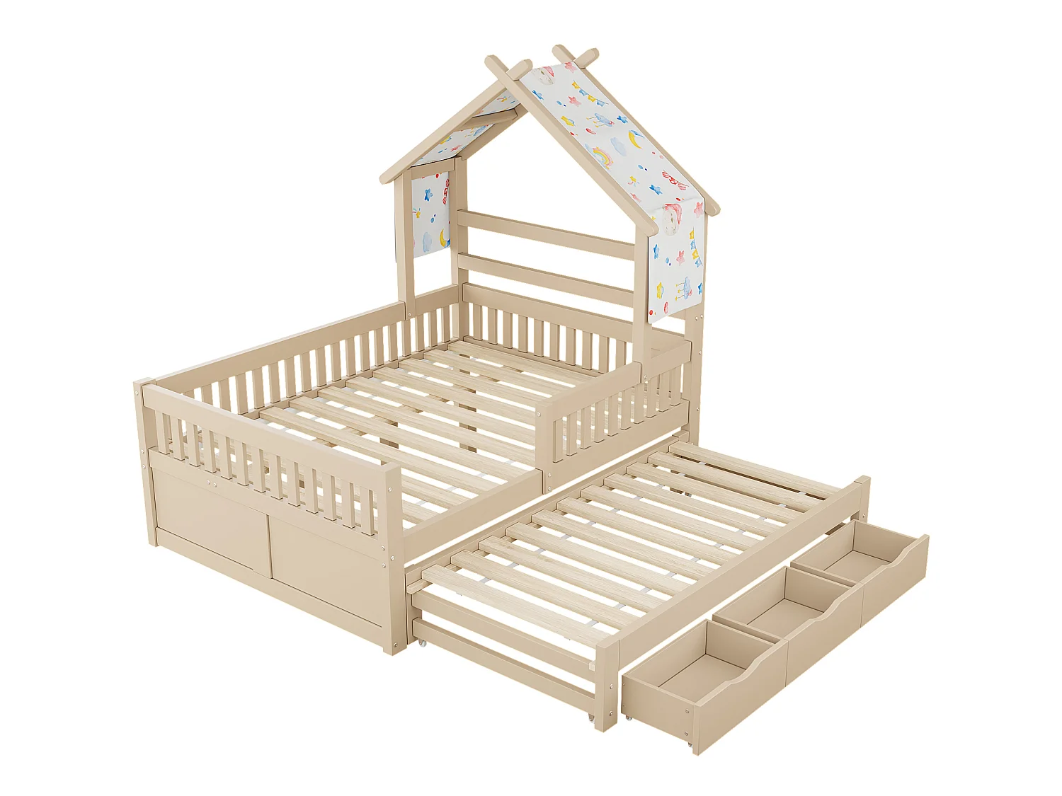 Lit cabane enfant 140x200 cm avec lit gigogne et 3 tiroirs, en bois, naturel clair, sans matelas