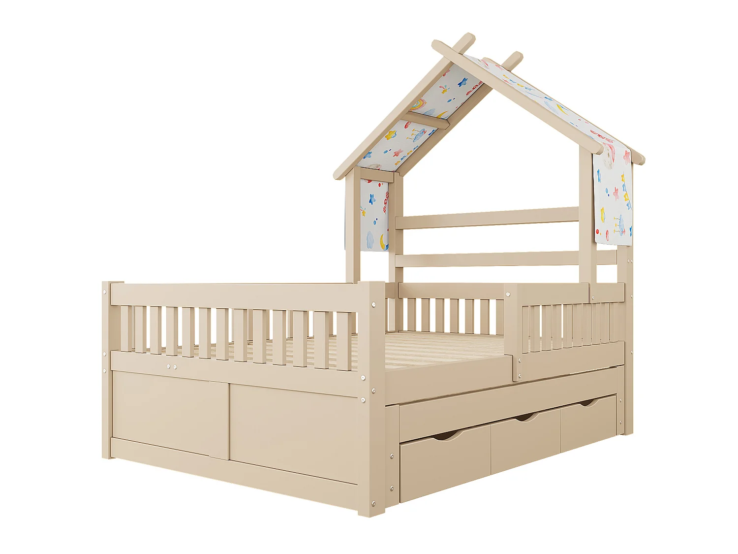 Lit cabane enfant 140x200 cm avec lit gigogne et 3 tiroirs, en bois, naturel clair, sans matelas