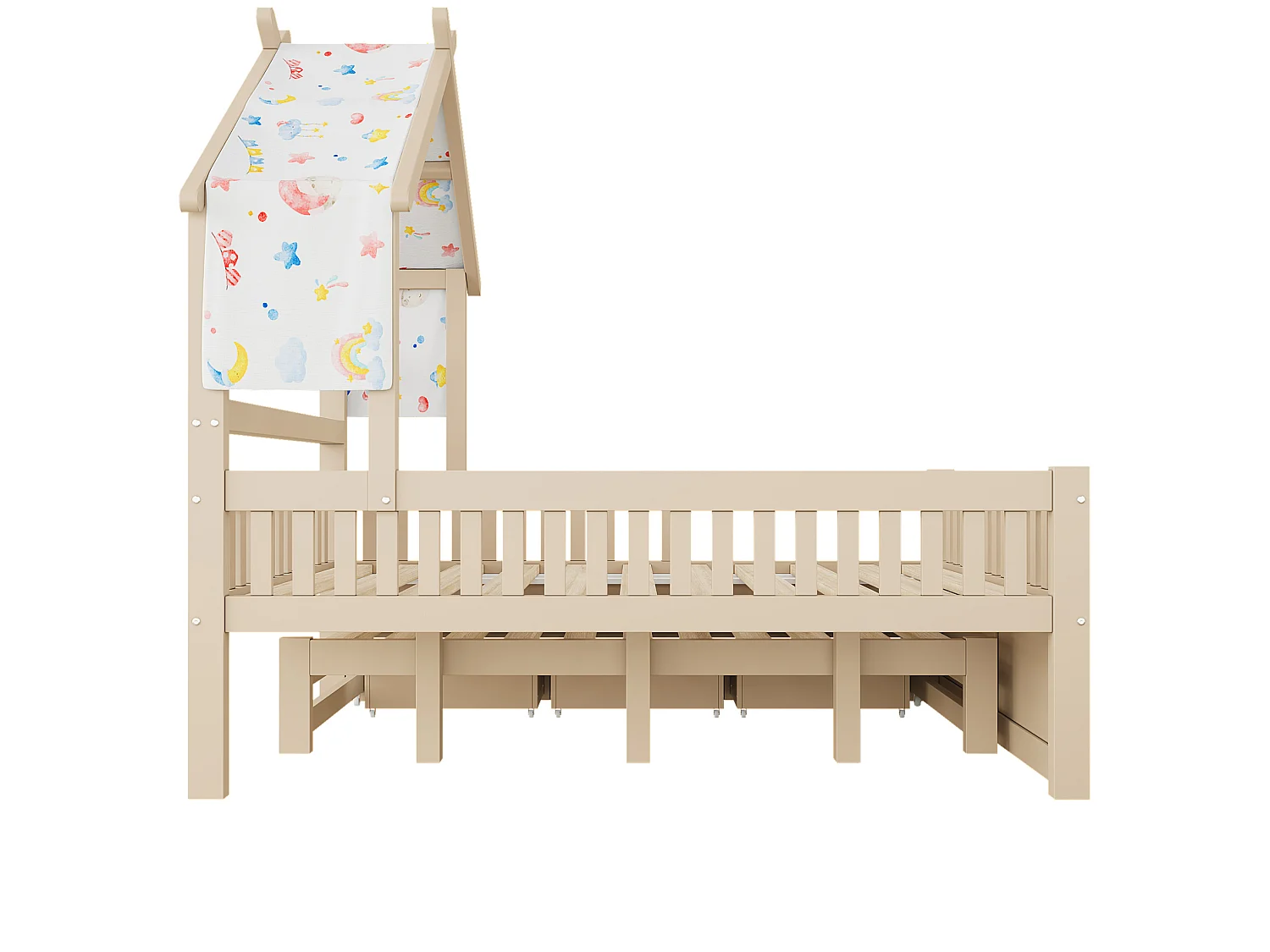 Lit cabane enfant 140x200 cm avec lit gigogne et 3 tiroirs, en bois, naturel clair, sans matelas