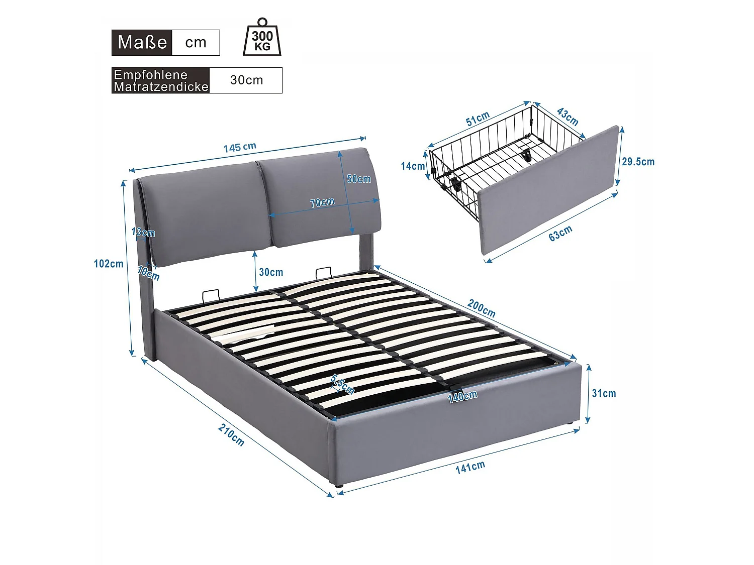 Lit coffre 140x200 cm avec 3 tiroirs et tête de lit réglable, en velours, gris, sans matelas