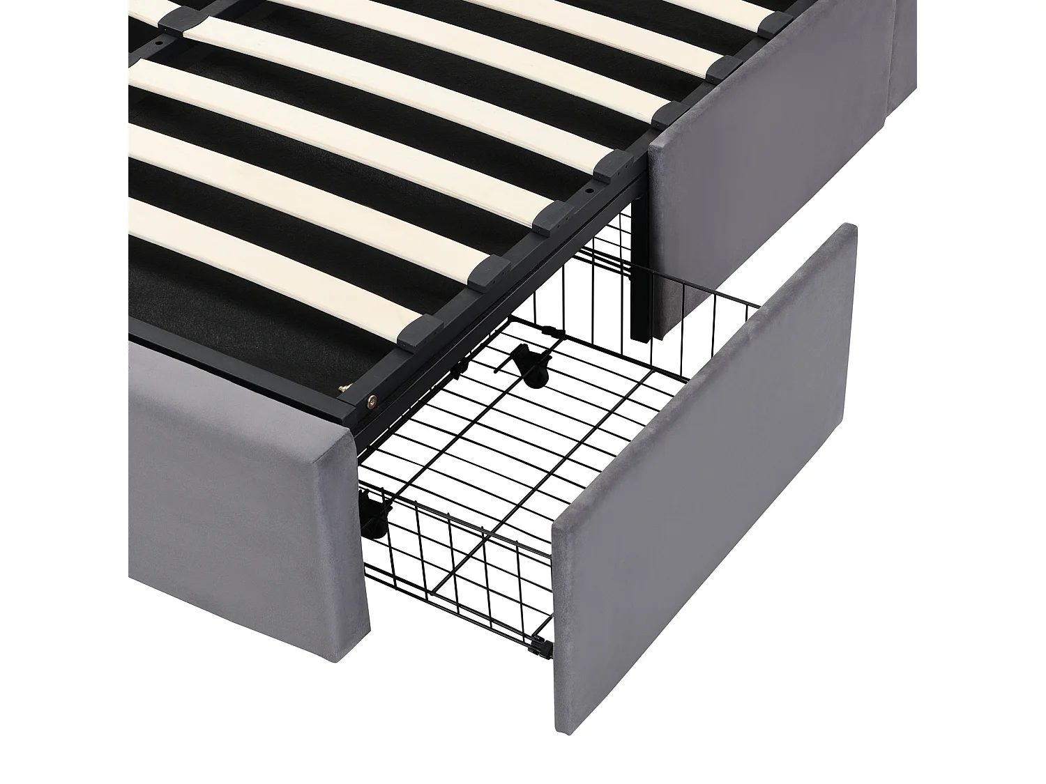 Lit coffre 140x200 cm avec 3 tiroirs et tête de lit réglable, en velours, gris, sans matelas