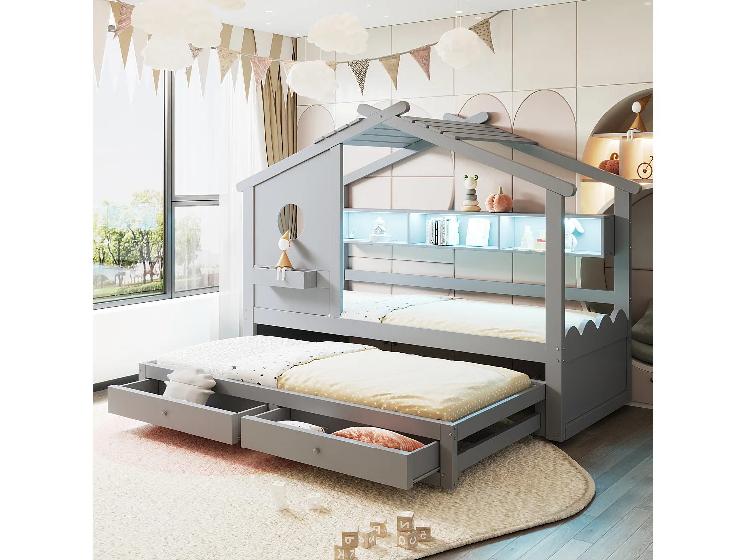 Lit enfant 90x200 cm avec lit gigogne 90x190 cm, 2 tiroirs et LED, en bois, gris, sans matelas